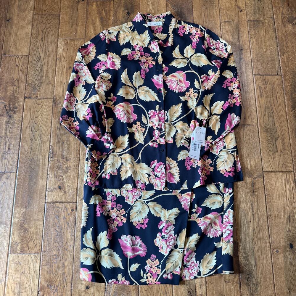 NWT Chaus Womens Button Up Blouse & Skirt Set Sz 16 Black Floral Business career